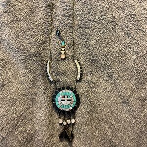 Vintage 70’s MD Massie Zuni Inlay Turquoise and Black Pendant Necklace